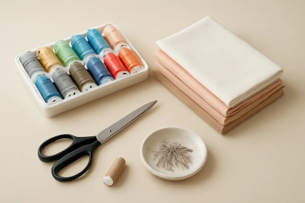 Organized sewing workspace with labeled thread, pre-cut fabric pieces and tools within reach for an efficient workflow