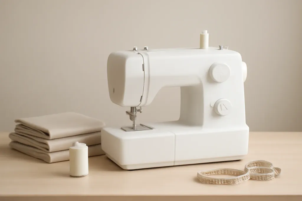 Beginner-friendly sewing machine on a tidy worktable next to folded fabric and a spool of thread