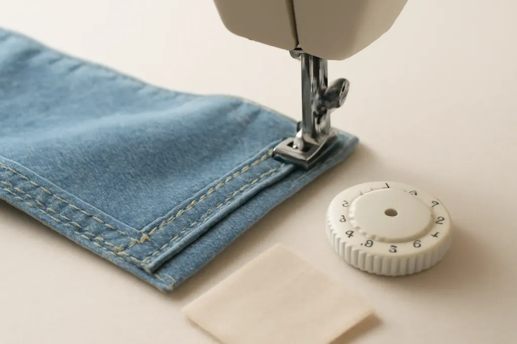 Close-up detail photo related to choosing stitch lengths for topstitching denim