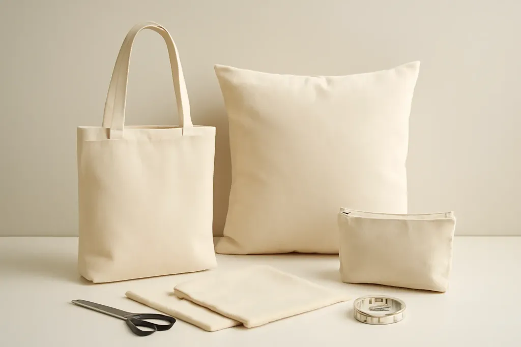 Simple finished beginner sewing projects including a tote bag and a fabric pouch on a worktable
