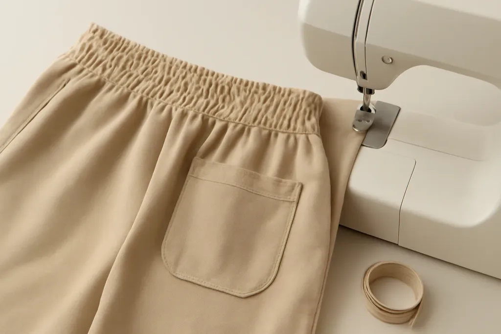 Close-up detail photo related to elastic waist pajama shorts with pockets