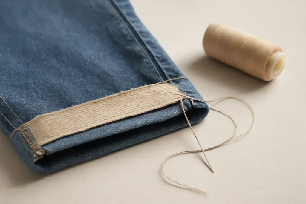 Editorial illustration of a sewing machine stitching through a folded denim hem with a denim needle