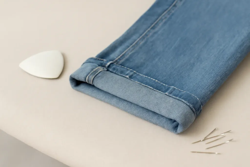 Denim jeans hem being pinned and pressed flat before machine stitching