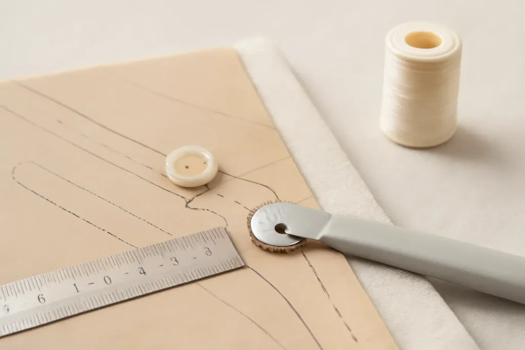Editorial illustration of a pattern piece showing common markings like notches, grainline, and a fold line