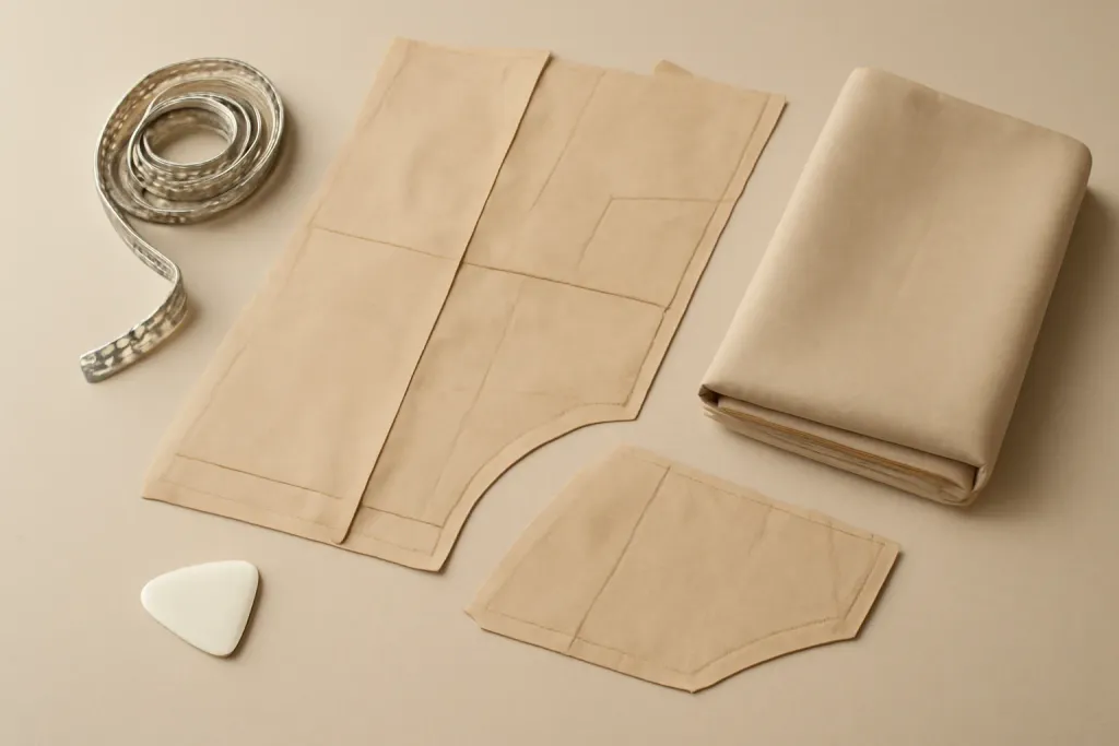 Tissue paper sewing pattern pieces laid out with a measuring tape and fabric