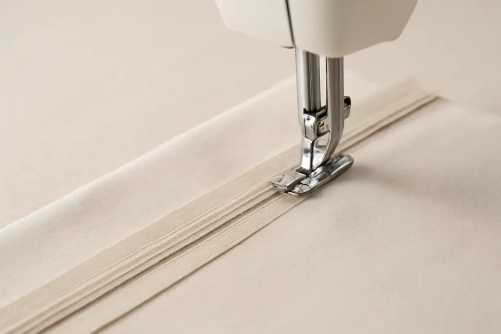 Zipper being sewn into fabric with a zipper foot on a sewing machine