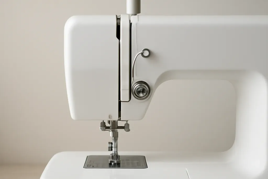 Sewing machine with thread guided through the tension discs and take-up lever toward the needle