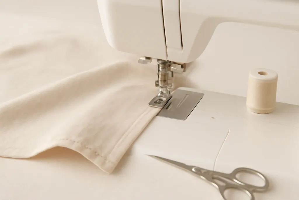 Editorial illustration labeling the main parts of a sewing machine, including the presser foot, needle, and bobbin area