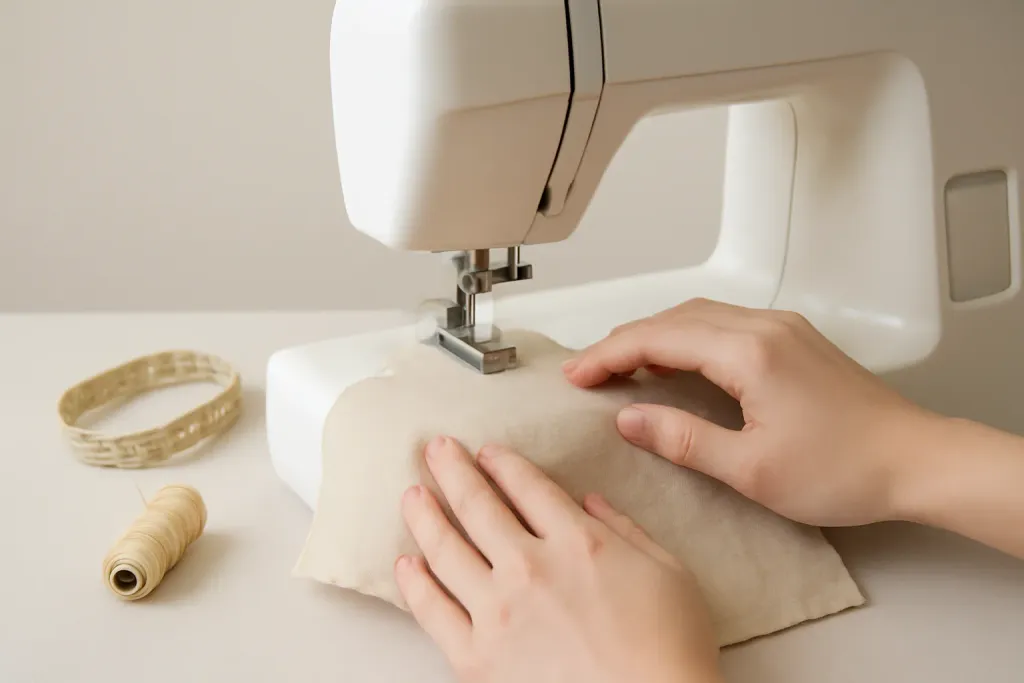 Beginner practicing straight-line stitching on scrap fabric with a sewing machine