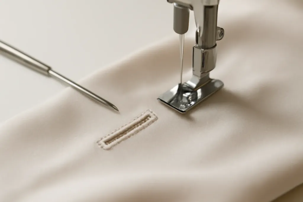 Close-up detail photo related to perfect buttonholes on slippery fabrics
