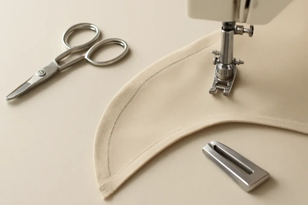 Close-up detail photo related to professional narrow hems on curves