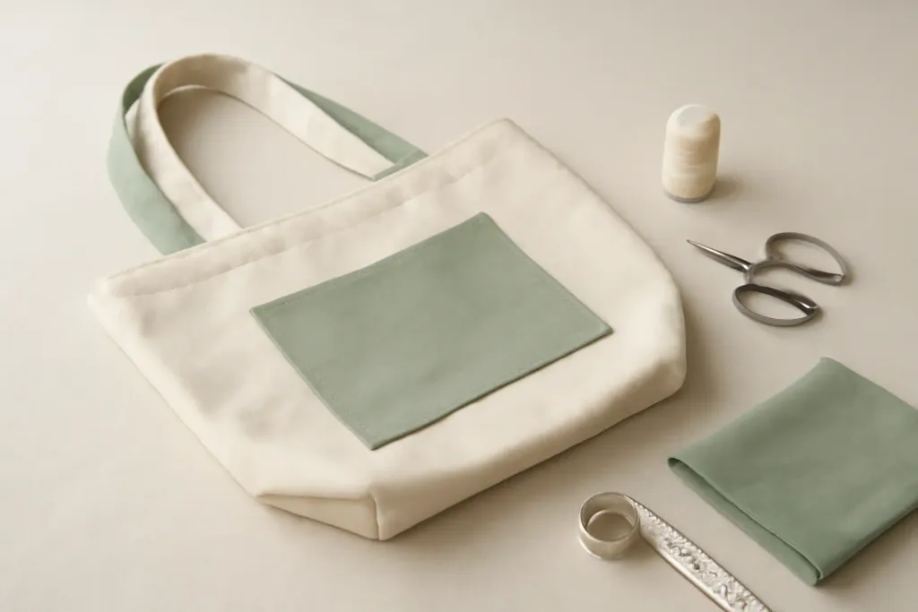 Close-up detail photo related to reversible tote bag with flat bottom and pocket