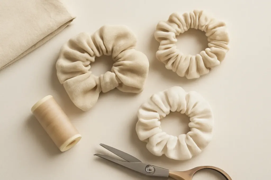 Close-up detail photo related to scrunchies three ways basic bow and ruffle