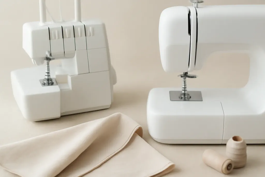 Editorial illustration of a serger's overlock stitch finishing a fabric edge cleanly