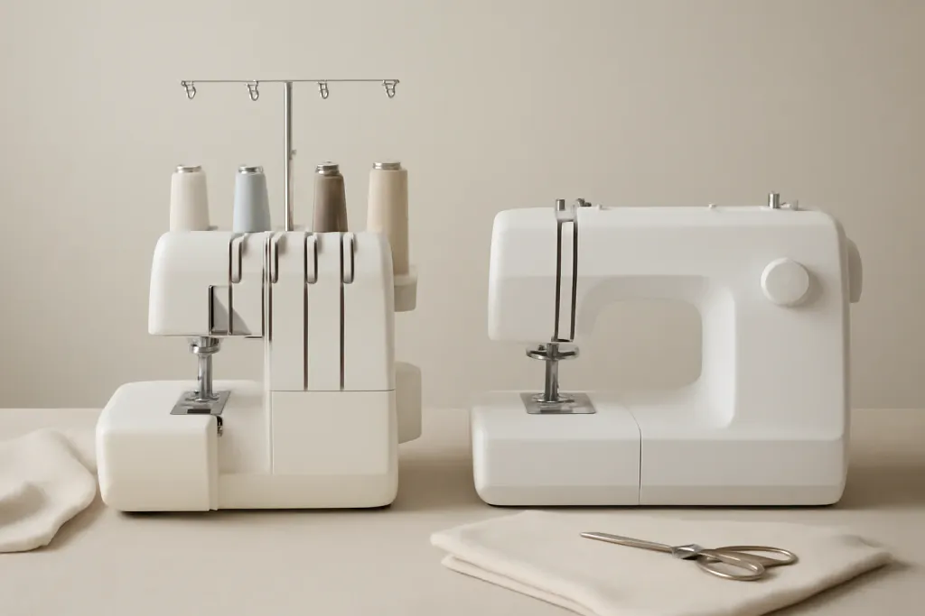 A serger and a standard sewing machine shown side by side on a worktable