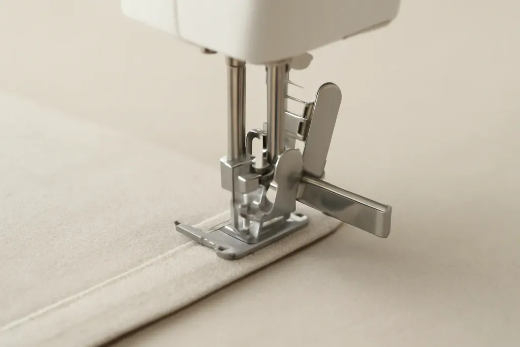 Editorial illustration of a hand inserting a needle into a sewing machine's needle clamp