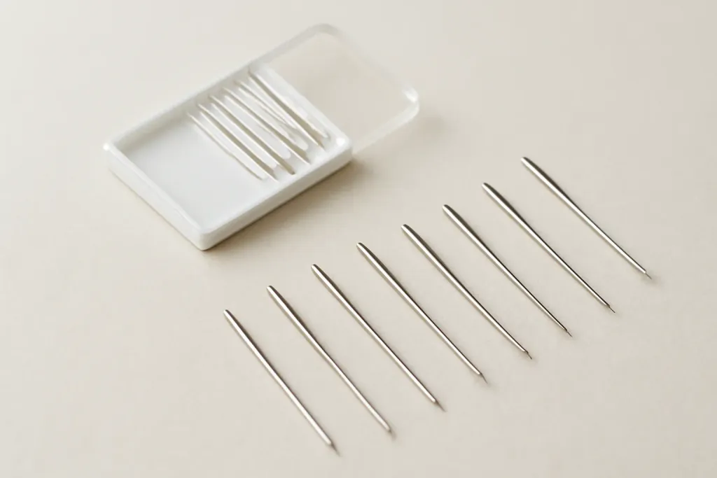 Assortment of sewing machine needles of different sizes arranged near a needle case