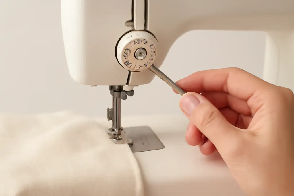 Editorial illustration of a hand adjusting a sewing machine's top thread tension dial