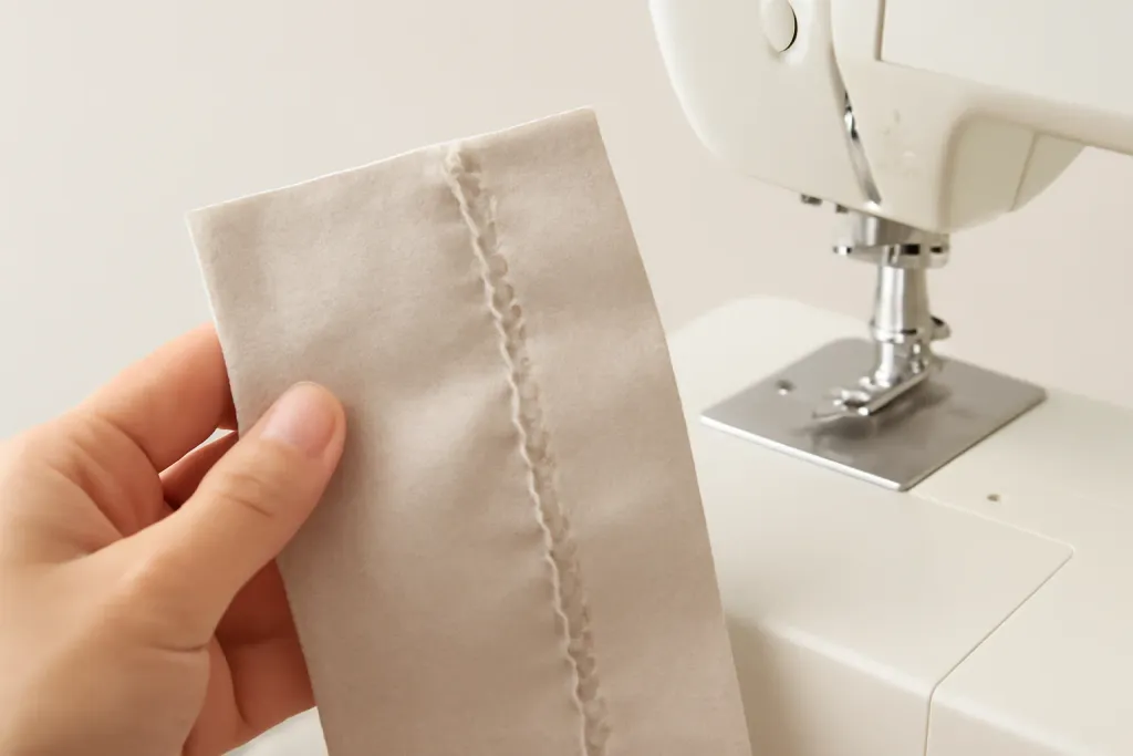 Close-up of uneven machine stitching on fabric being inspected for tension problems