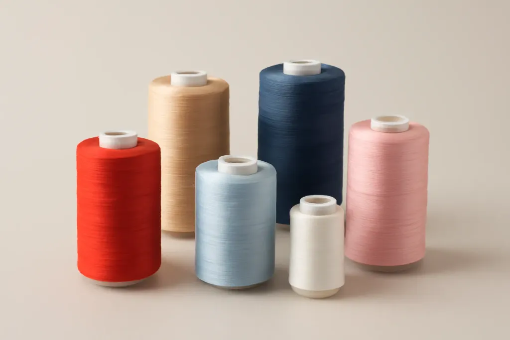Assorted cotton, polyester and silk thread spools arranged together for comparison