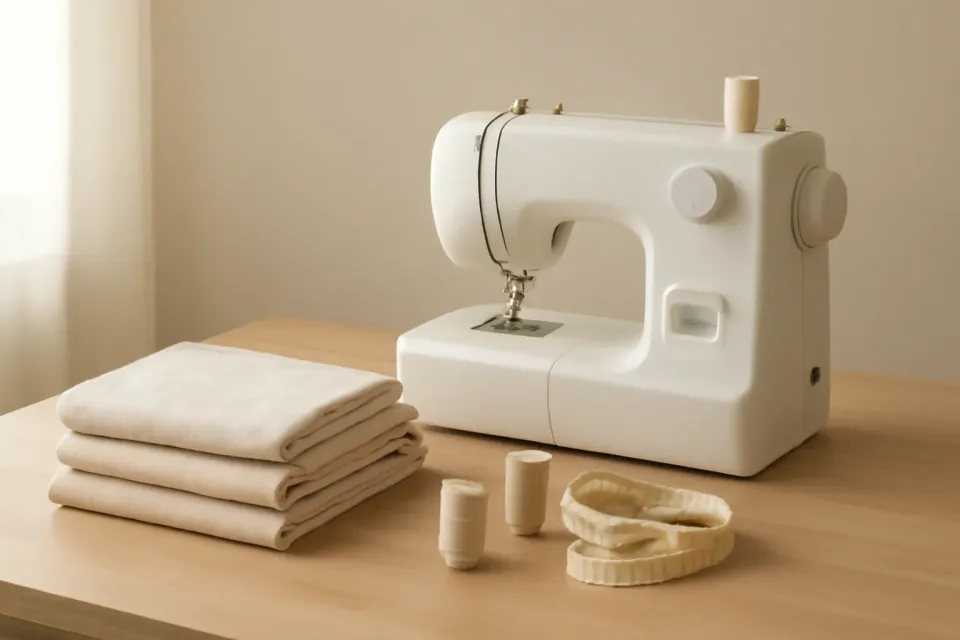 Bright, tidy home sewing studio with a modern sewing machine, folded fabric, thread and a measuring tape on a wooden worktable
