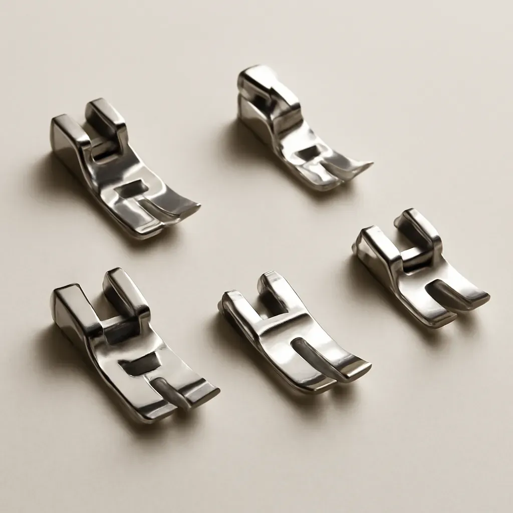 AI-generated editorial product photograph (not the exact linked listing) of basic presser foot set