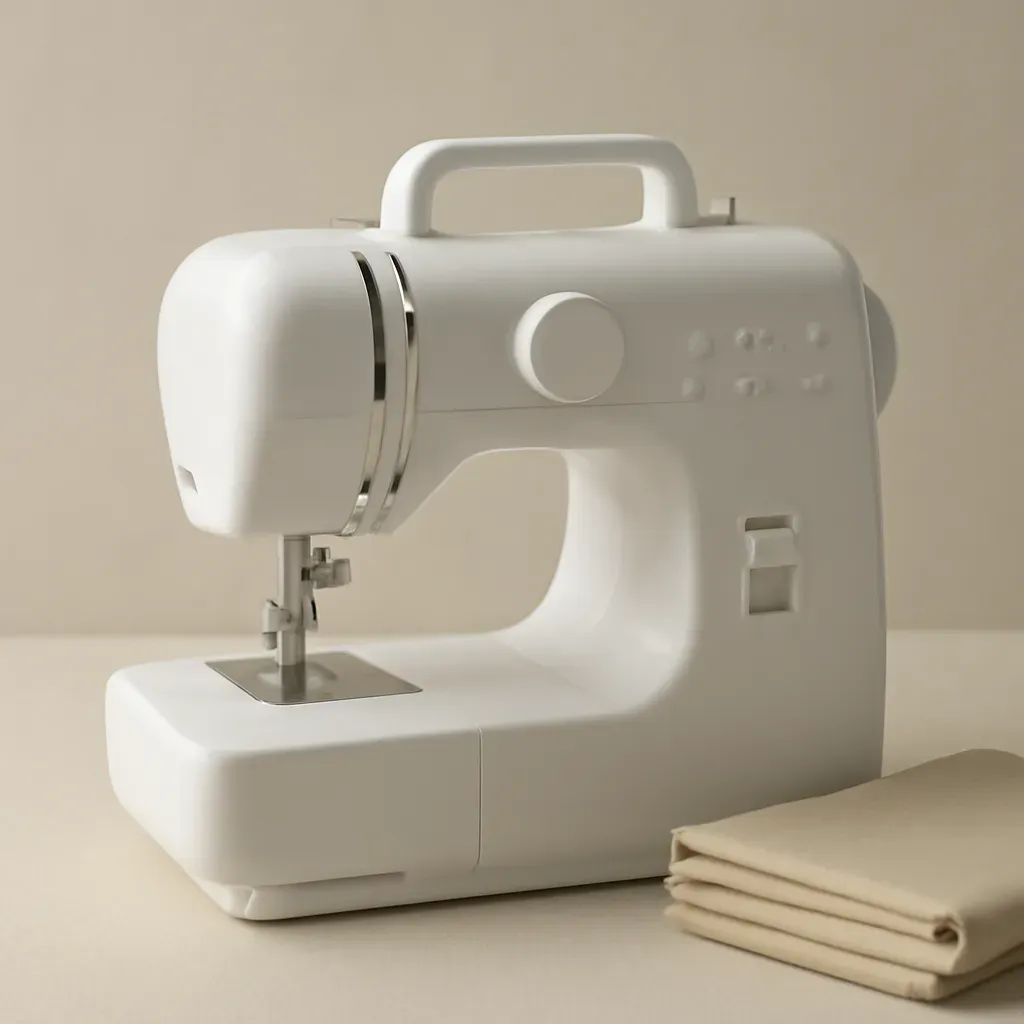 AI-generated editorial product photograph (not the exact linked listing) of compact portable sewing machine