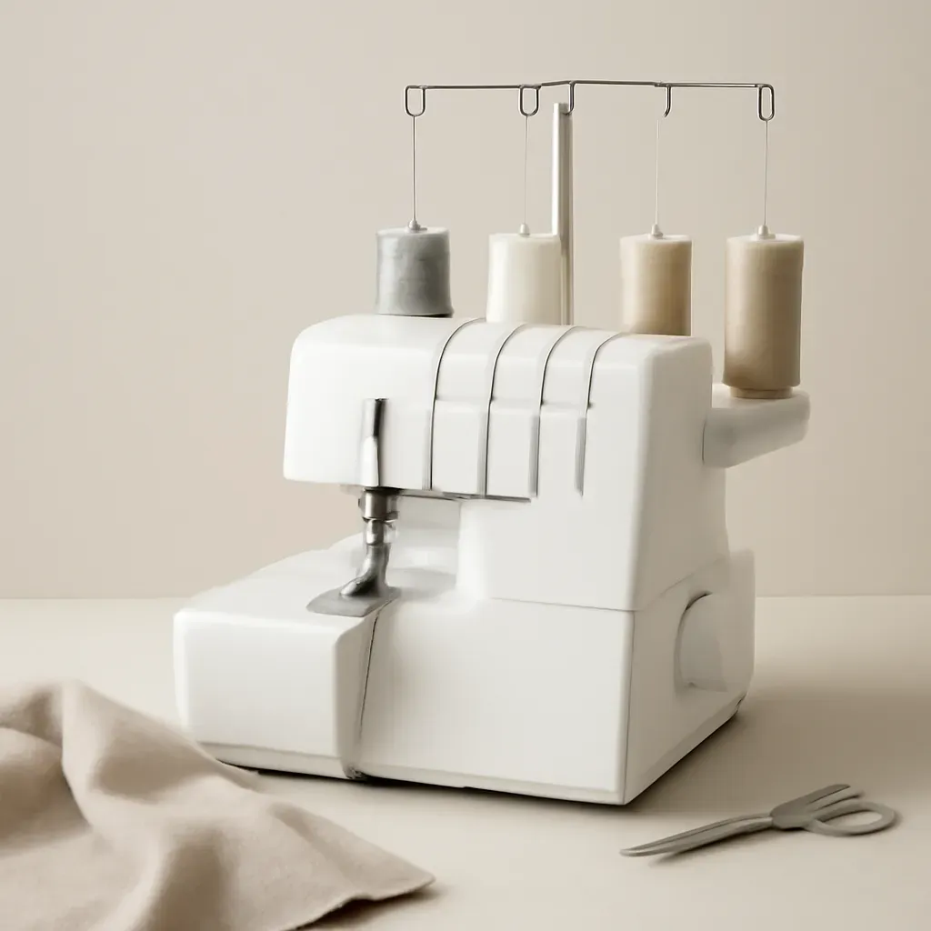 AI-generated editorial product photograph (not the exact linked listing) of entry-level serger