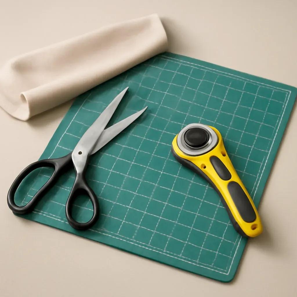 AI-generated editorial product photograph (not the exact linked listing) of fabric cutting starter set