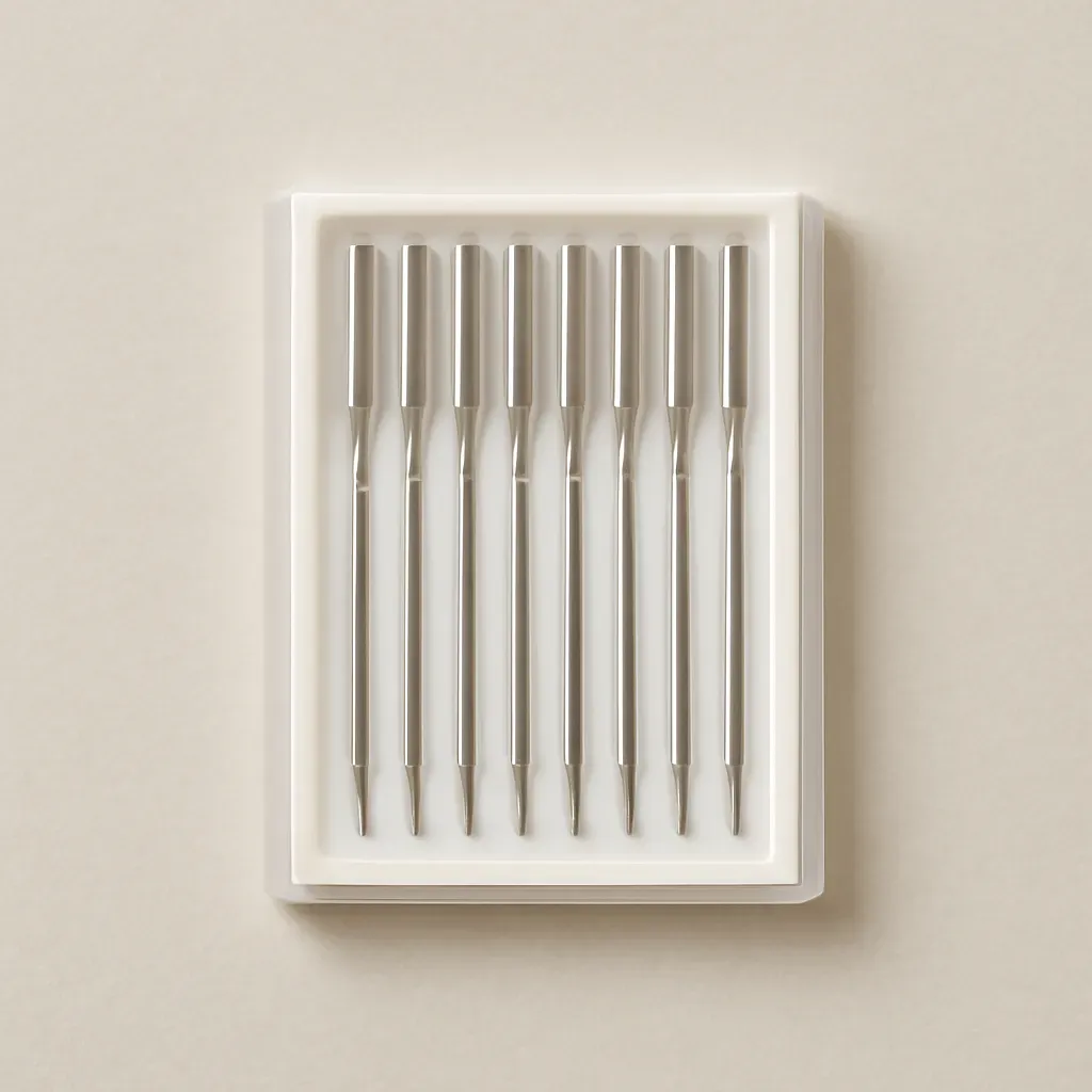 AI-generated editorial product photograph (not the exact linked listing) of sewing machine needle assortment